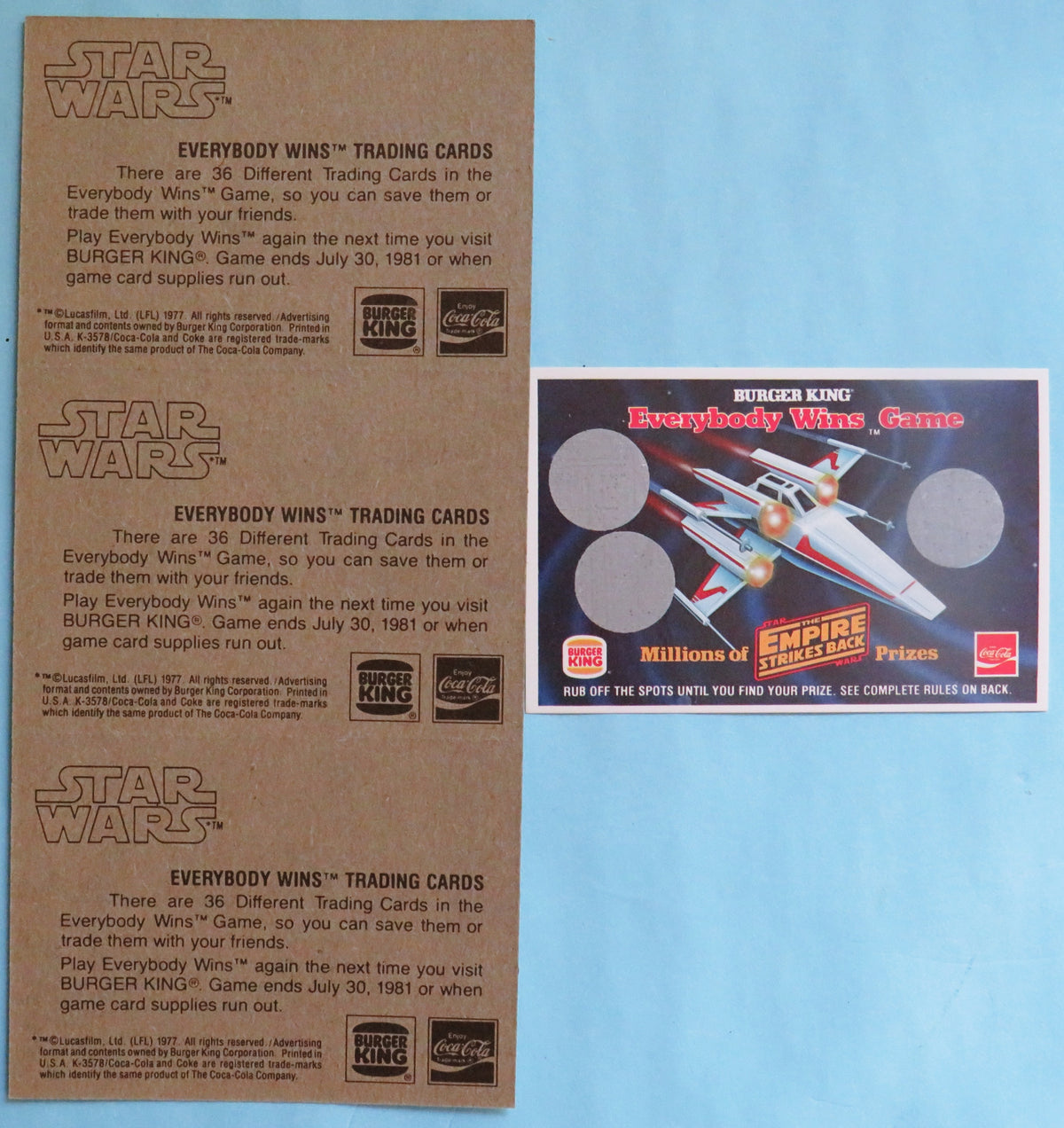 Burger King Everybody Wins trading card prizes & game card - 1981 vintage Star Wars