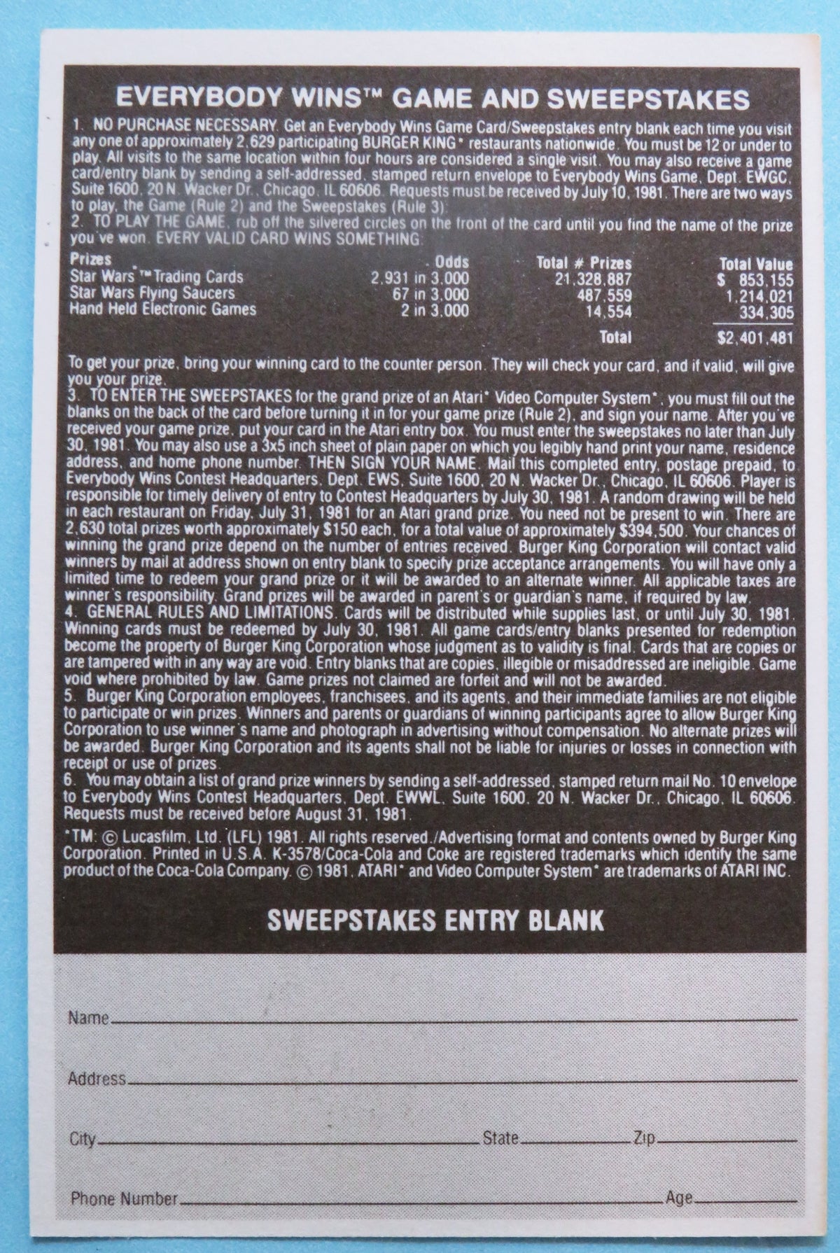 Burger King Everybody Wins trading card prizes & game card - 1981 vintage Star Wars